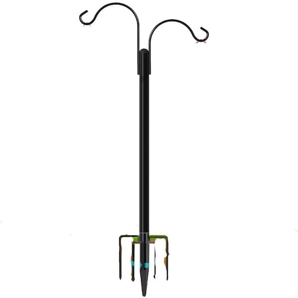 17 in. Double Shepherds Hooks Outdoor Black Metal with 5 Prong Base for Hanging Baskets Lanterns (1-Pack)