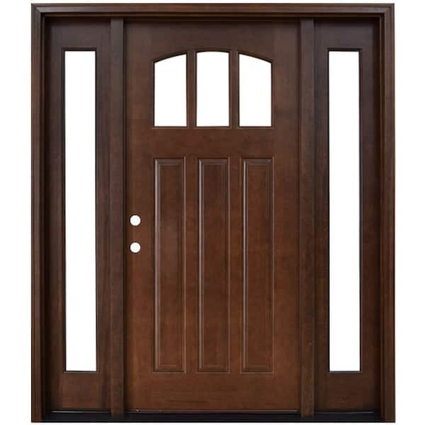 Steves & Sons 60 in. x 80 in. Craftsman 3 Lite Arch Stained Mahogany Wood Prehung Front Door with Sidelites