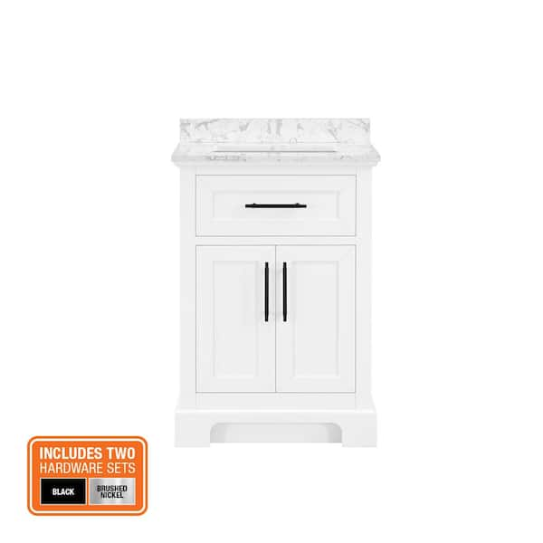 Doveton 24 in. Single Sink Freestanding White Bath Vanity with White Engineered Marble Top (Assembled)