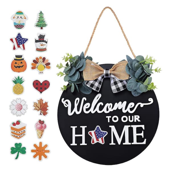 Unbranded Seasonal Interchangeable Welcome Decor 12 in. x 12 in. Black by Wooden Wall Ar