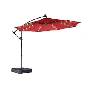 10 ft. Solar Lights Offset Cantilever Patio Umbrella 120 in. with Light and Base LED Light Offset Hanging Outdoor Red