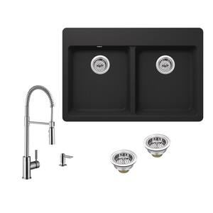 All-in-One Drop-in Quartz Composite 33 in. 4-Hole 50/50 Double Bowl Kitchen Sink in Black Onyx with Pull Down Faucet