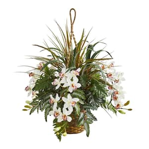 29 in. Indoor Cymbidium Orchid and Mixed Greens Artificial Plant Hanging Basket