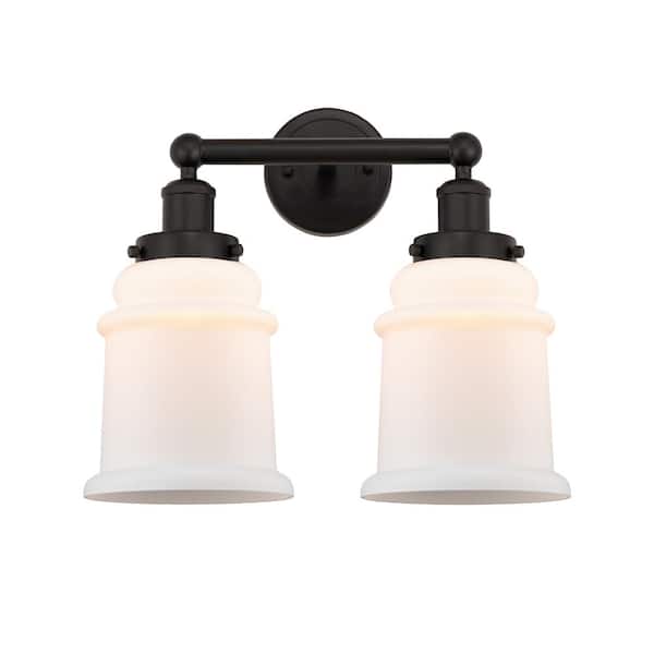 Canton 15 in. 2 Light Oil Rubbed Bronze, Matte White Vanity Light with White Glass Shade
