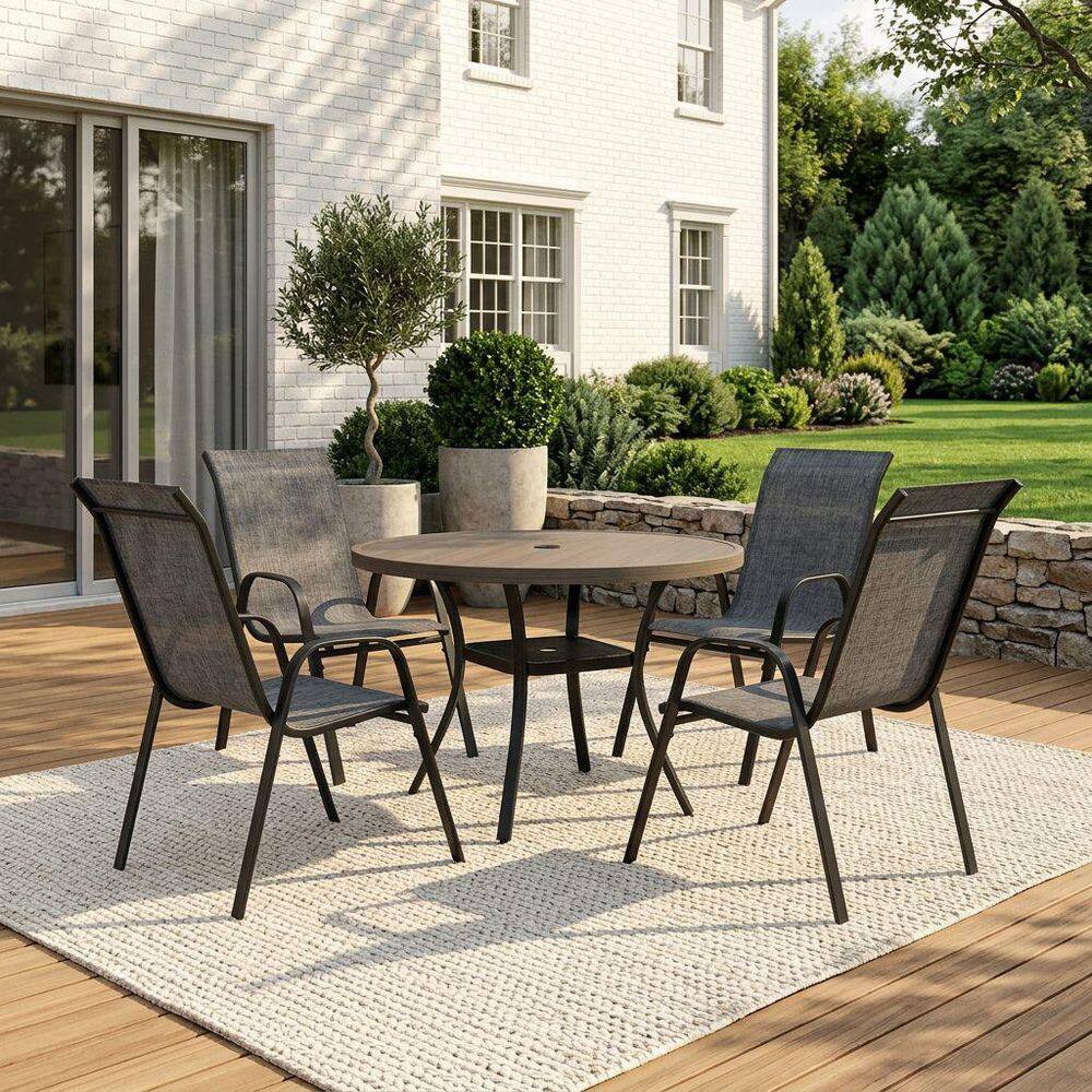 5-Piece Metal Outdoor Dining Set with 40.6 in. Gray Wood-Like Round Dining Table and 4-Gray Stackable Textilene Chairs price history on PriceWatchPro