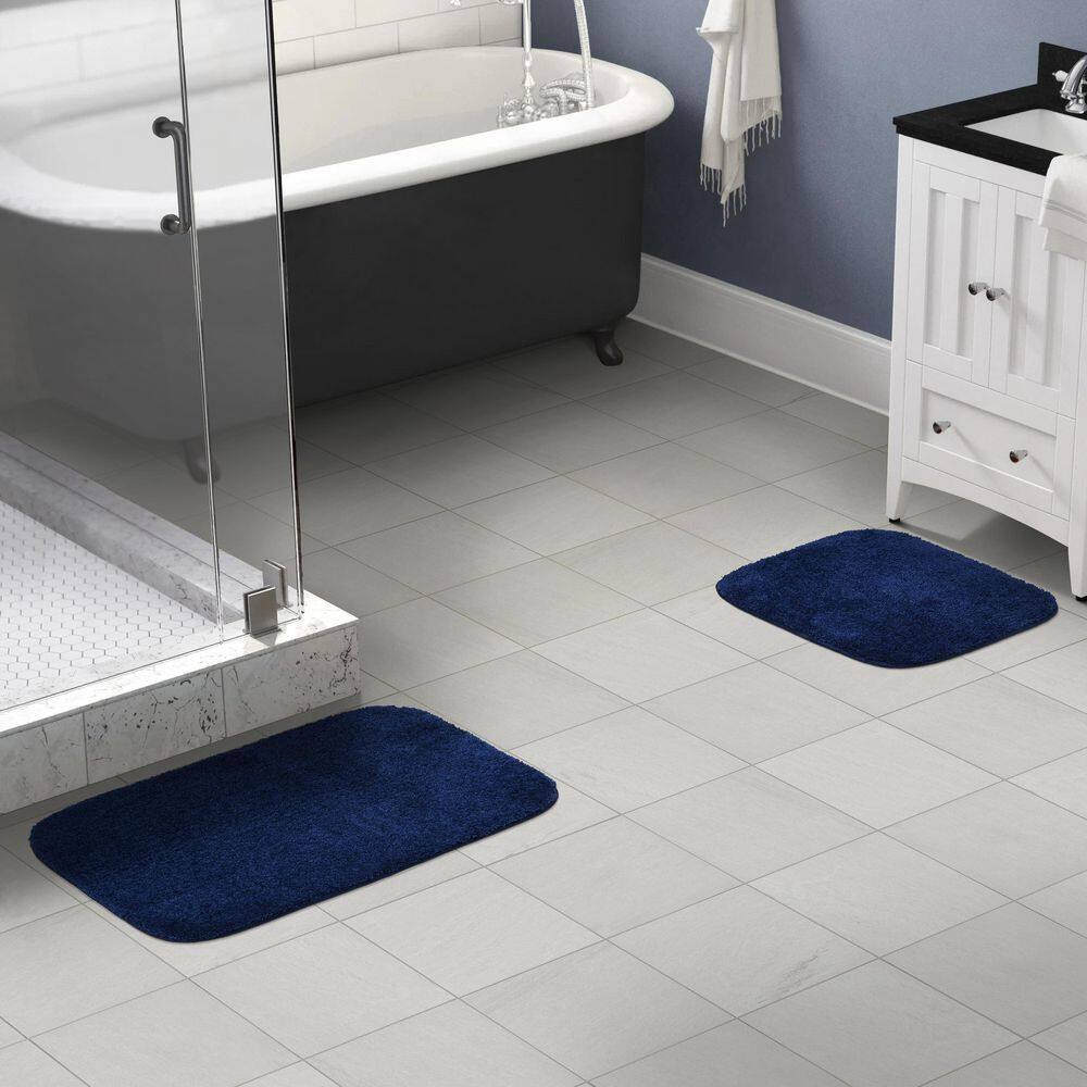 Navy Plush Nylon 2-Piece Washable Bath Rug Set