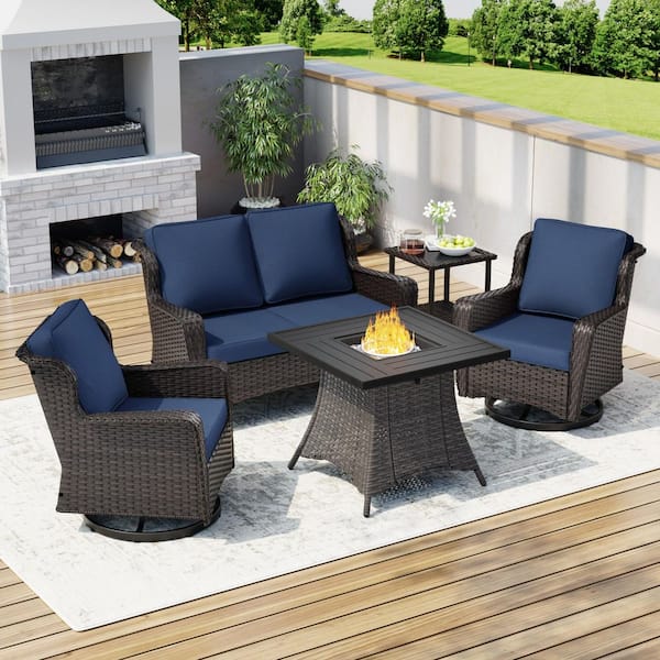 5-Piece Wicker Outdoor Patio Fire Pit Conversation Set with Dark Blue Cushions 1 Couch, 2 Chairs, 1 Table and Fire Pit