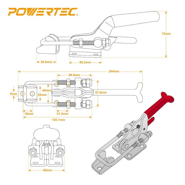 POWERTEC 20324 Latch Action Toggle Clamp W Threaded U Bolt and Red Vinyl Handle Grip 1980 lb Holding Capacity, 40344