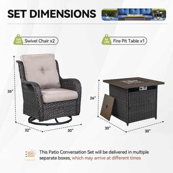 Arcline 3-Piece Brown Wicker Outdoor Dining Set with Olefin Beige Cushions Fire Pit Sets with Swivel Gliders for Patio
