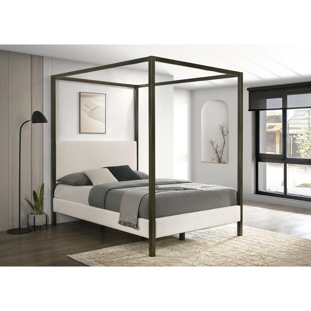 Cream Upholstered Queen Canopy Bed with Metal Frame