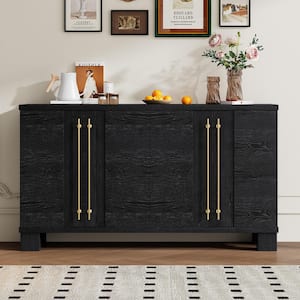 Black Wood 60 in. Traditional Style Sideboard with Adjustable Shelves and Gold Handles