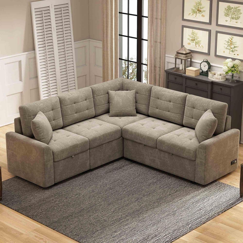 82.6 in. Square Arm Velvet Sectional Sofa with Wheels, USB Ports, Power Sockets in. khaki