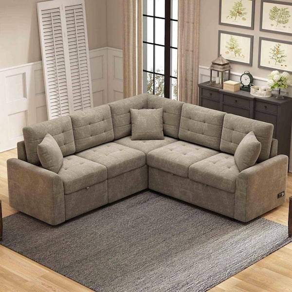 82.6 in. Square Arm Velvet Sectional Sofa with Wheels, USB Ports, Power Sockets in. khaki