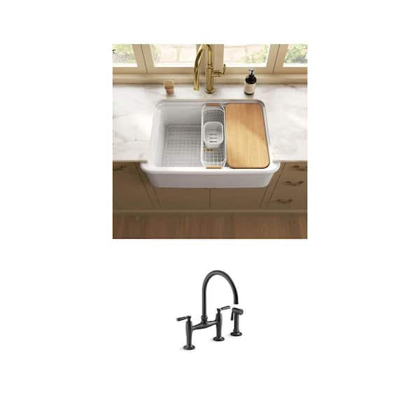 Audrine 32.5 in. Farmhouse Fireclay Kitchen Sink and Edalyn Matte Black Bridge Kitchen Faucet Combo