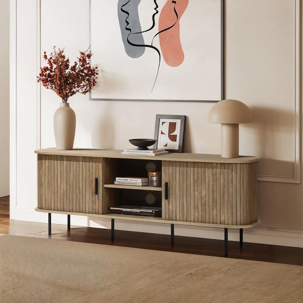 Mid-Century Modern Oak TV Stand Fits TV up to 65 in. with Slatted Slidng Doors