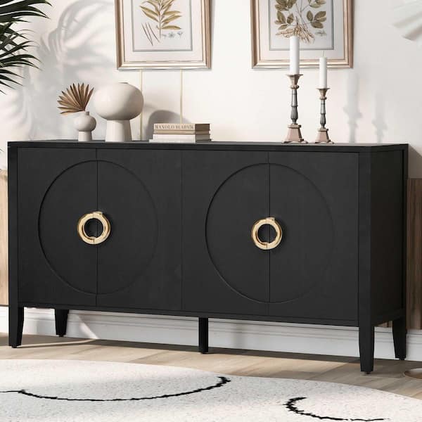 Black Wood 59.8 in. Sideboards with Textured Finish Ideal for Dining Table Area