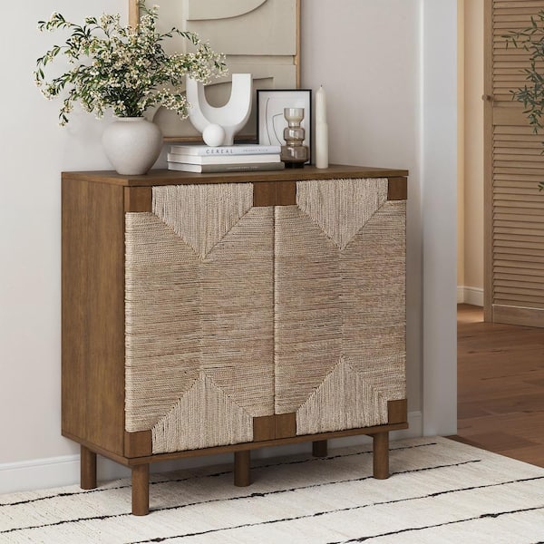 Nathan James Beacon Boho Dark Brown 31 in. Accent Cabinet with Natural Seagrass Doors and Adjustable Shelf for Dining or Living Room
