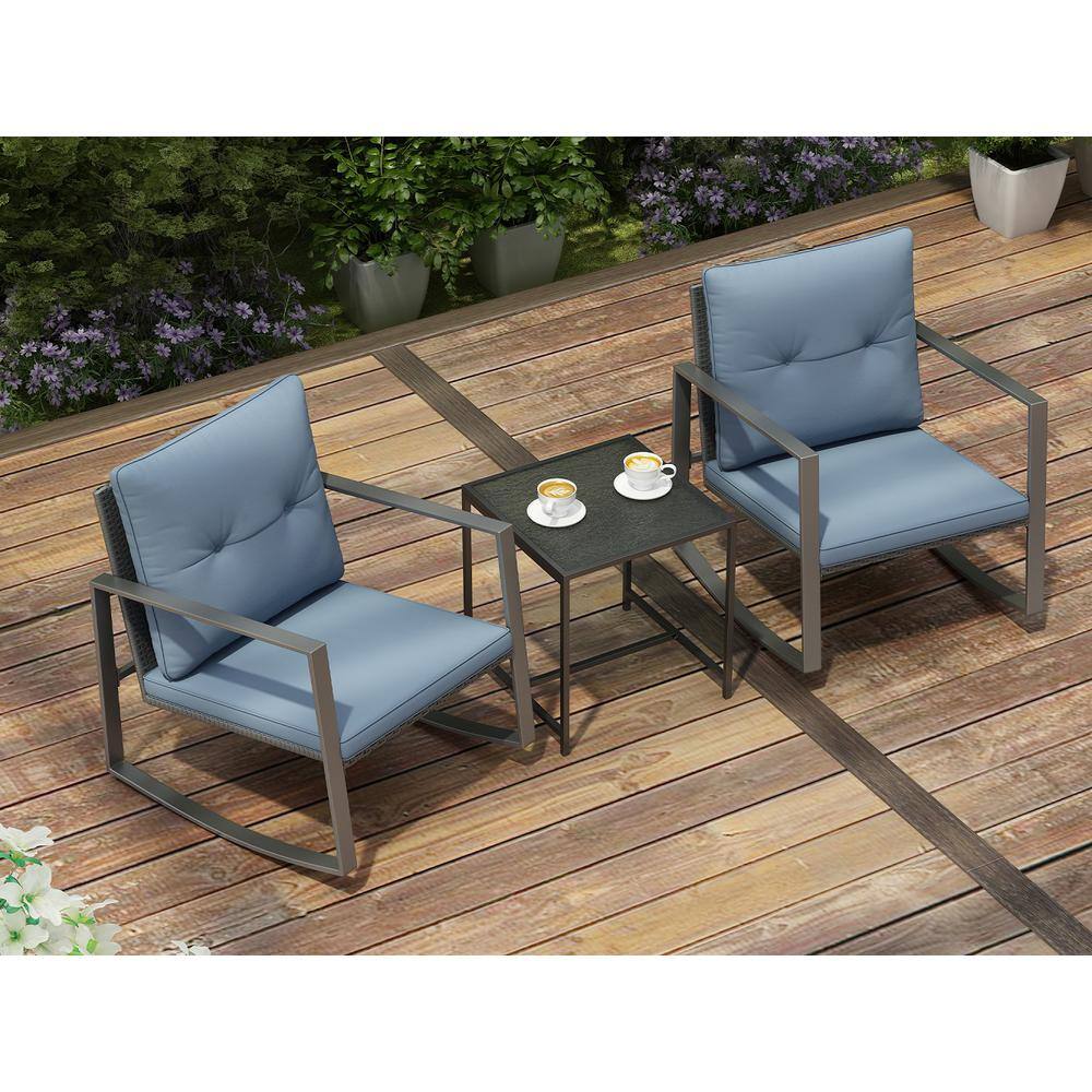 Gray Cushioned Steel Rocking Bistro Set with Glass Table