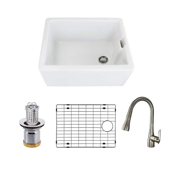 Transolid Quinn All-in-One Farmhouse/Apron-Front Fireclay 24 in. Single Bowl Kitchen Sink with Faucet in White