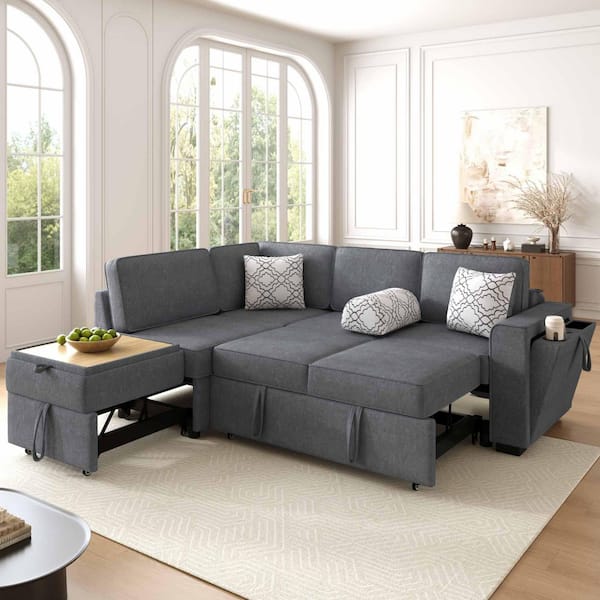 83.9 in. Square Arm Chenille Sectional Sofa with Pull-Out Sleepers, Flip-Top Table, USB Ports, Cup Holder in. Dark Gray