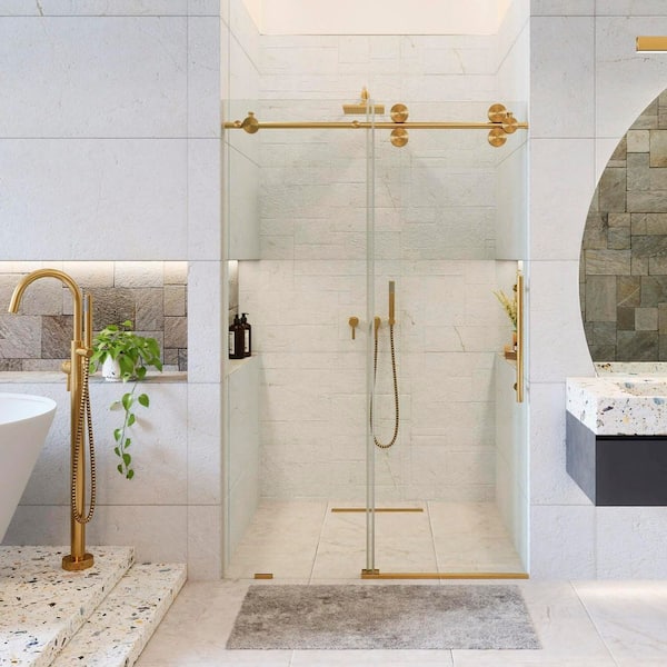 FINE FIXTURES 48 in. W x 74.5 in. H Sliding Frameless Shower Door in Brass with Tempered Clear Glass