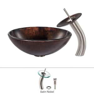 Pluto Glass Vessel Sink in Brown with Waterfall Faucet in Satin Nickel