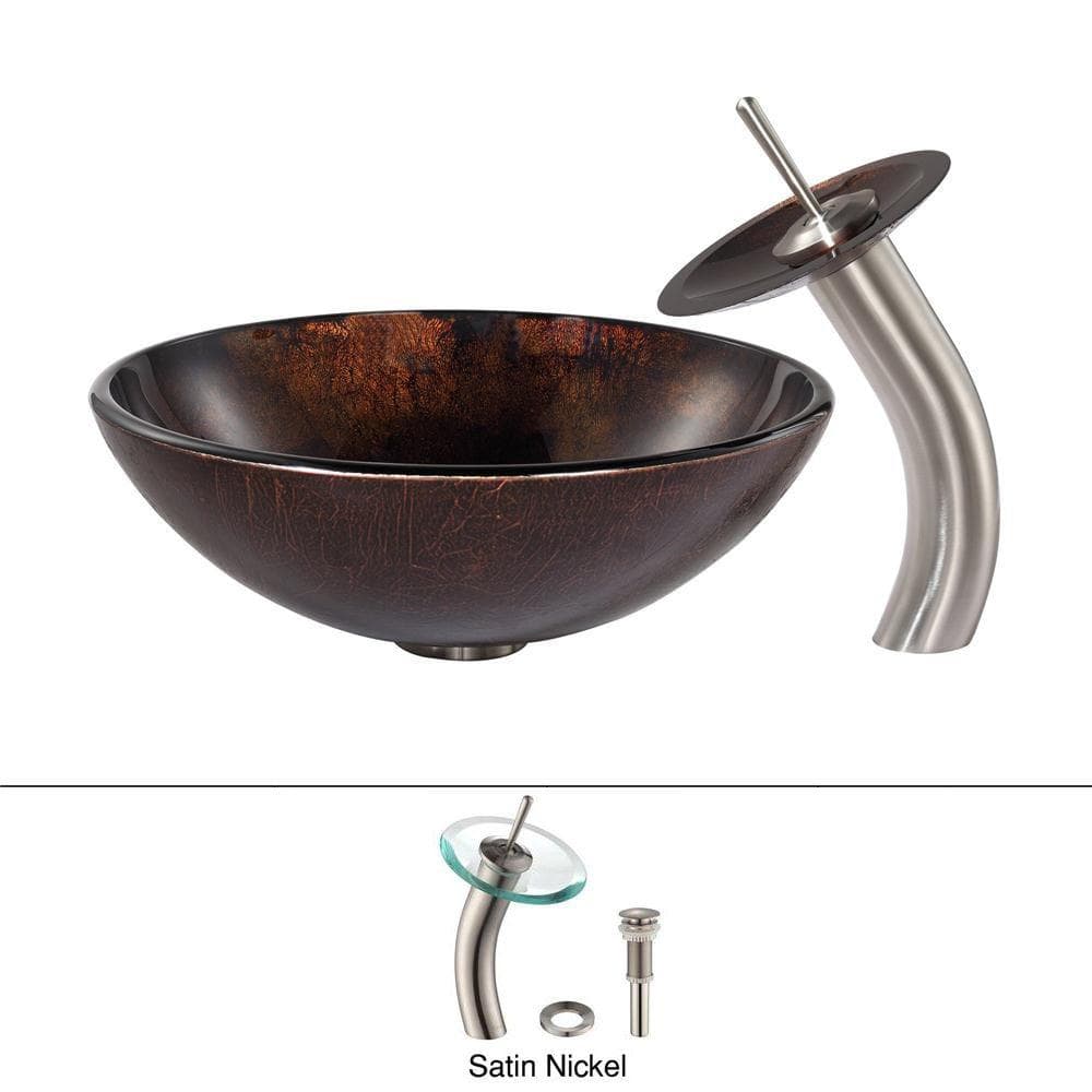 Dark Brown Glass Circular Vessel Sink with Satin Nickel Faucet