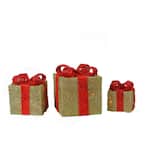 10 in. Christmas Outdoor Decorations Lighted Sparkling Gold Sisal Gift Boxes (3-Pack)