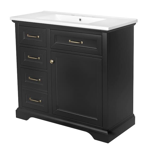 36 in. Black Wood Rectangle Vessel Sink Bathroom Vanity Combo with 4 Drawers and 1 Soft-Close Door