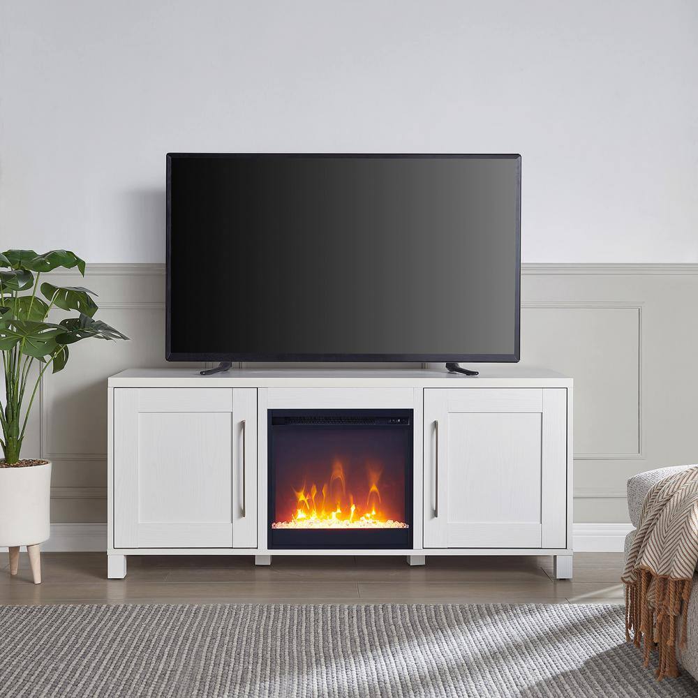 White MDF TV Stand with Electric Fireplace and Cabinets