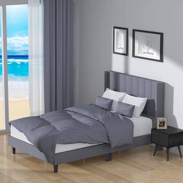 Seafuloy 78.3 in. L x 56.3 in. W Gray Fabric and Slats Platform Bed with Headboard and Full Size