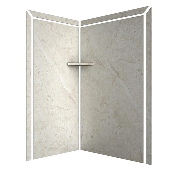 Elegance 36 in. x 48 in. x 80 in. 7-Piece Easy Up Adhesive Corner Shower Wall Surround in Botticino Cream
