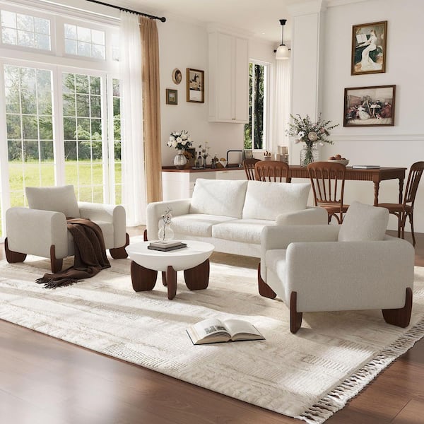 Denton 3-Piece 74.2 in. Boucle Fabric Upholstered Rectangle Sectional Sofa Set in Beige with Solid Wood Legs, Seats 4