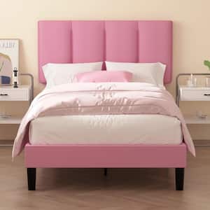 Upholstered Bedframe, Pink Metal Frame Twin Platform Bed with Adjustable Headboard, Wood Slat, No Box Spring Needed