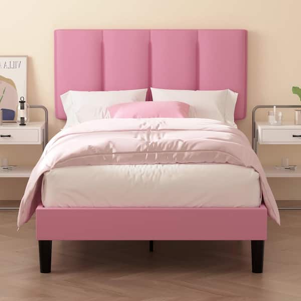 VECELO Upholstered Bedframe, Pink Metal Frame Twin Platform Bed with Adjustable Headboard, Wood Slat, No Box Spring Needed