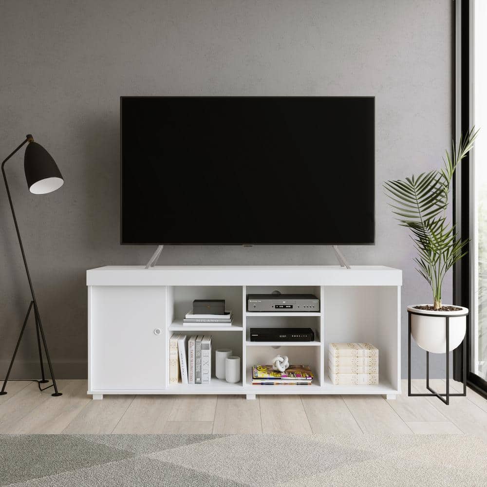 Modern White Particleboard TV Stand with Open Shelves and Cabinet