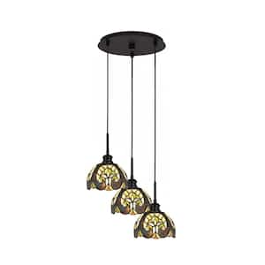 Albany 60-Watt 13.5 in. 3-Light Espresso Cord Pendant Light Ivory Cypress Art Glass Shade