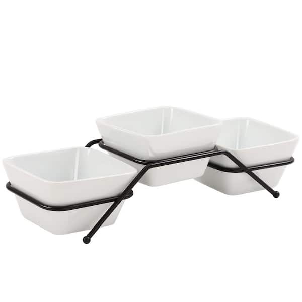 3-Pieces Square Porcelain Chip and Dip Serving Set with Black Metal Stand, 4.6 in. 11.5 oz. White Small Serving Bowls