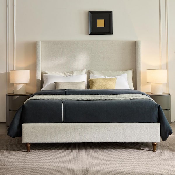 Harper Cream White Metal Frame King Size Platform Bed with Upholstered Wingback High Headboard