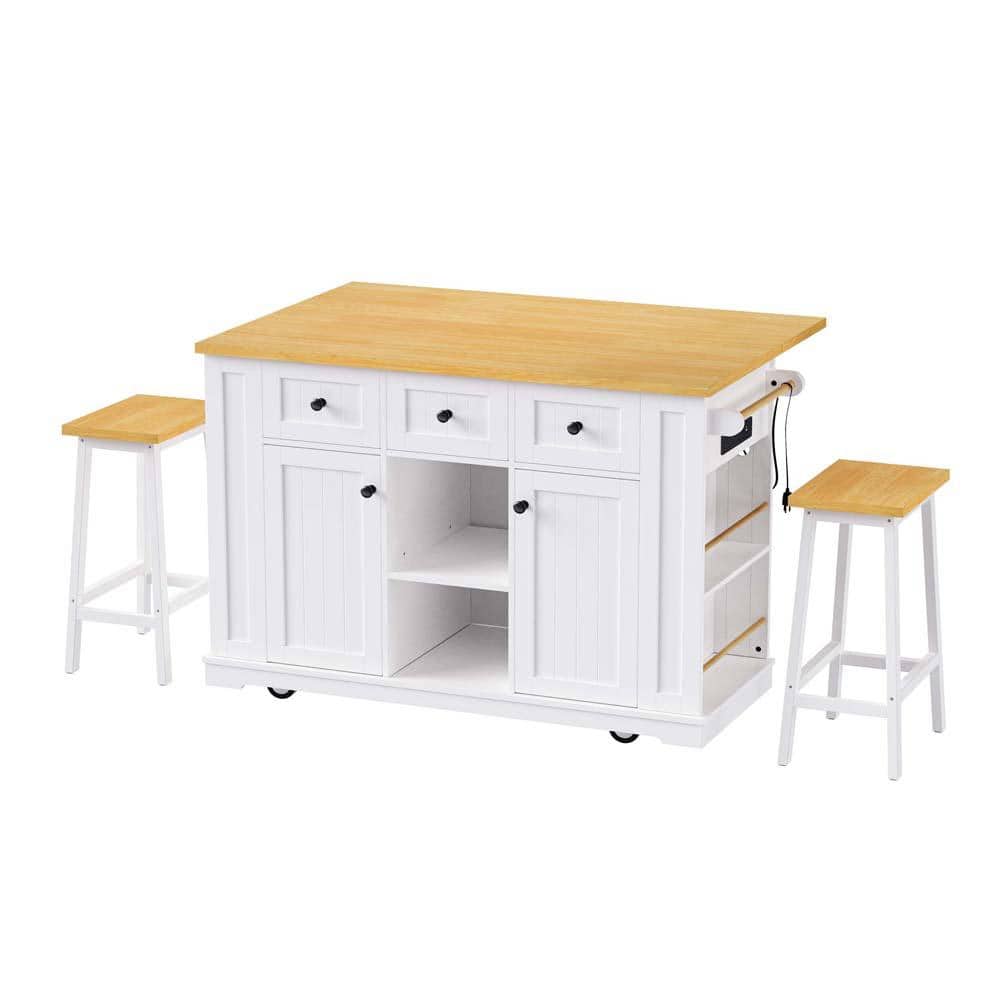 White Wood 53 in. Large Kitchen Island with 2 Bar Stools, Drop Leaf, Power 
