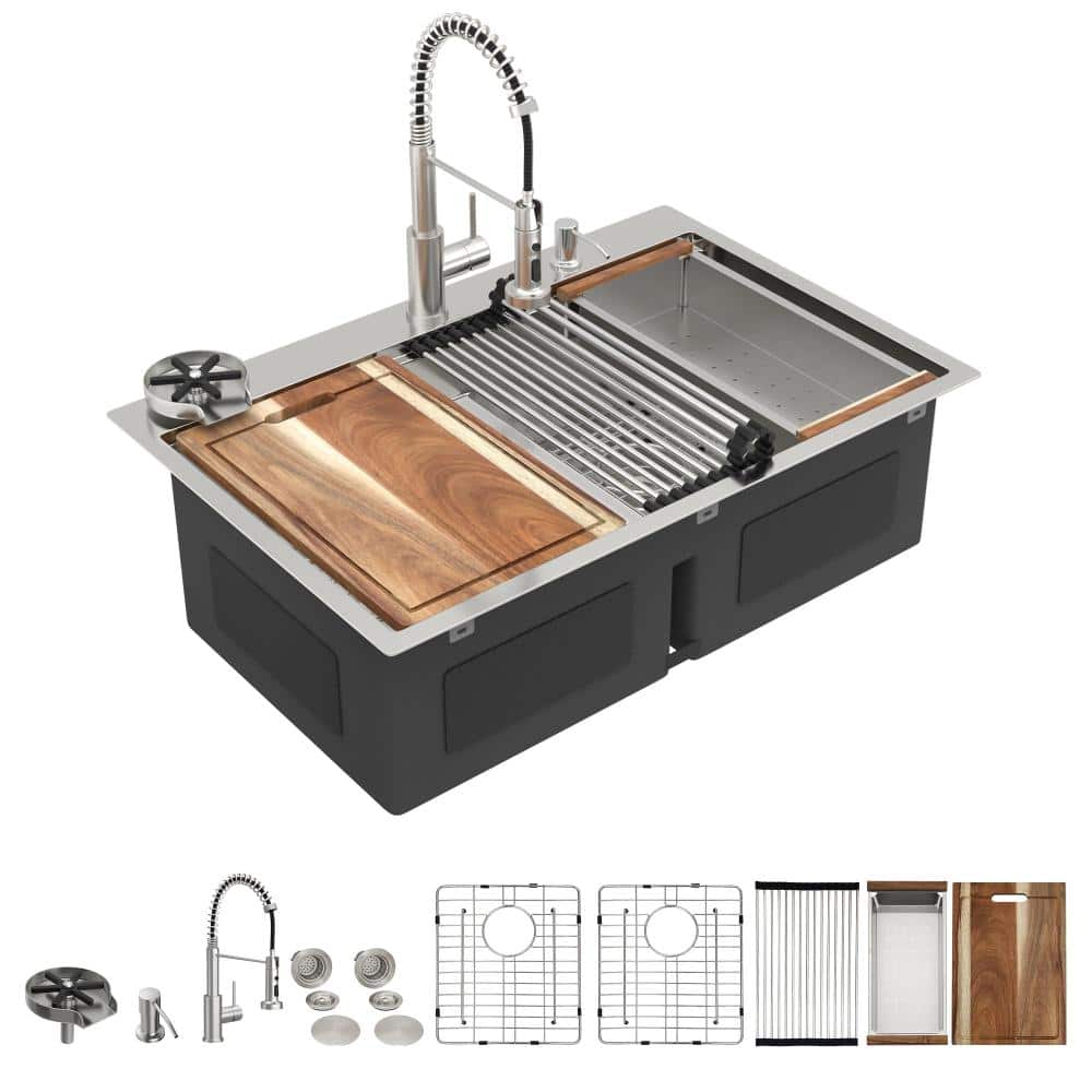 Fulorni 33 in, Drop In Brushed Nickel Stainless Steel 50/50 Double Bowl ...