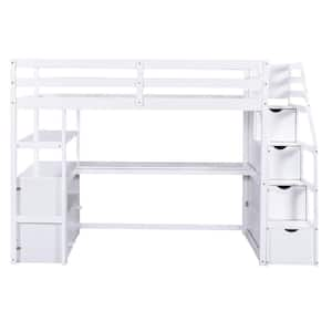 Twin Size Loft Bed with Desk and Shelves, Two Built-in Drawers, Storage Staircase, White