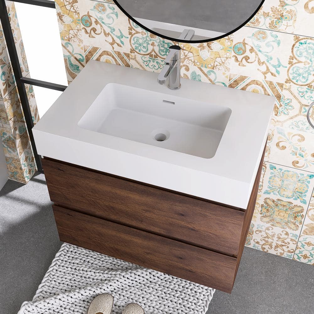 Walnut Wall-Mounted Bathroom Vanity with White Resin Sink, 30" x 18"