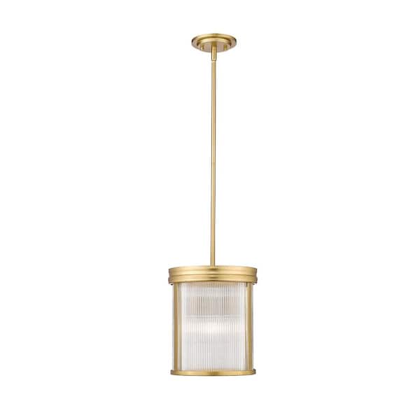 Unbranded Carnaby 10 in. 3-Light Modern Gold Shaded Pendant Light with Clear Ribbed Glass Shade, No Bulbs Included