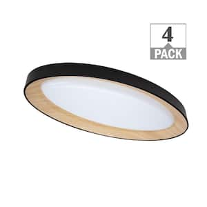 32 in. Oval Matte Black with White Oak Interior LED Flush Mount 3000 Lumens 3000K 4000K 5000K Dimmable (4-Pack)