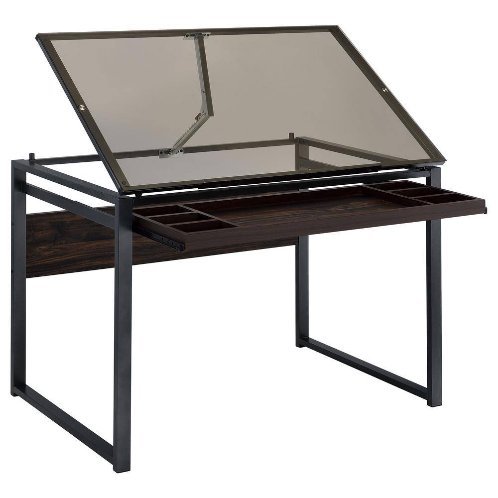 Pantano Dark Gunmetal and Chestnut Glass Top Drafting Desk