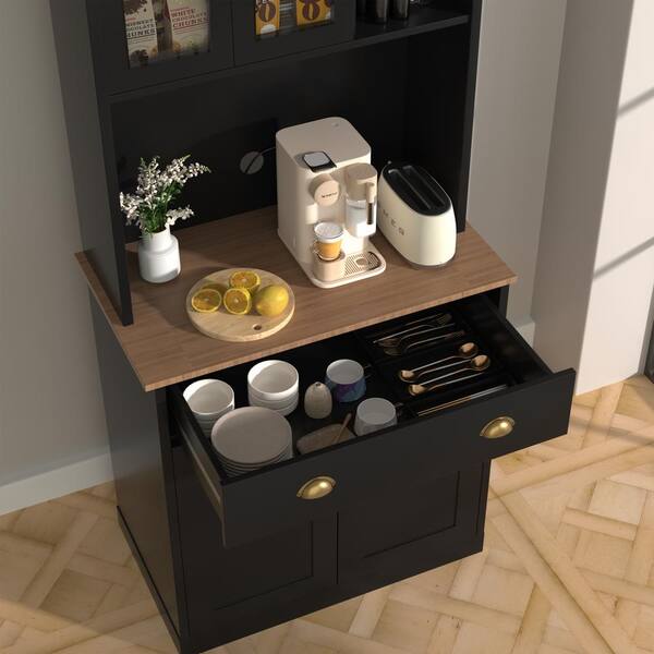 VEIKOUS Black Engineered Wood Kitchen Pantry Cabinet Storage Hutch with Adjustable Shelves Buffet Cupboard and Microwave Stand HP0405 04BK 111