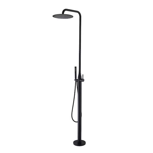 Tomfaucet Outdoor Exposed Single-Handle Freestanding Tub Faucet with Rainfall Shower Head in Matte Black