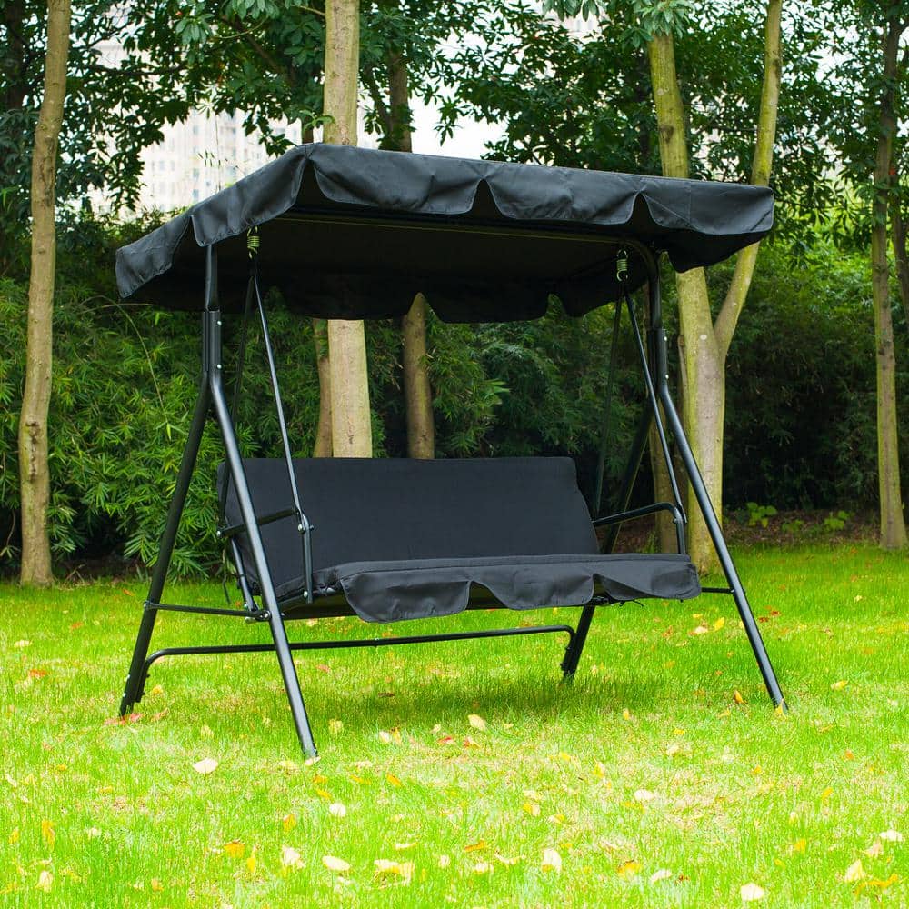 Black Steel Frame 3-Seat Outdoor Patio Swing with Adjustable Canopy