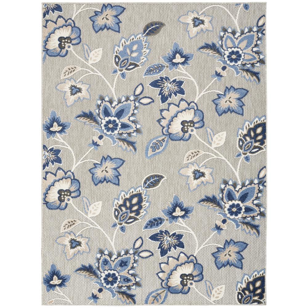 Blue Floral Synthetic 9' x 12' Washable Area Rug